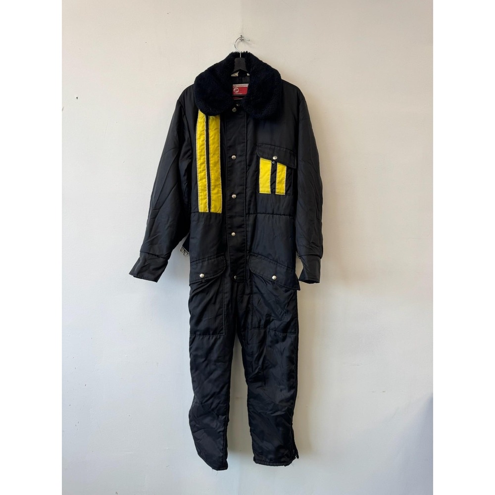 Vintage JCPenney Snowmobile‎ Suit Mens Small Black Yellow Nylon Coveralls 70s